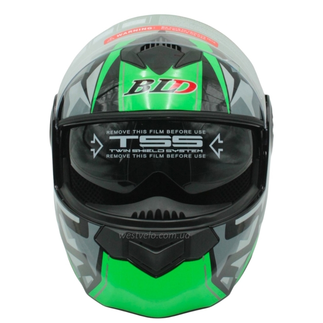 Мото шолом, трансформер (S 55-56) BLD-159 чорно-зелений глянець з відкидними окулярами фото westvelo.com