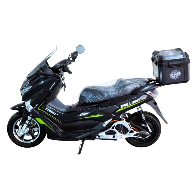 Електроскутер Corso «BRILLIANT» BR-914677, дв.2000W, акум. 72V/32Ah свинцево-кислотний, чорно-салатовий + 1 ящик. акум, + 1 ящик. багажник, колеса 12" фото westvelo.com