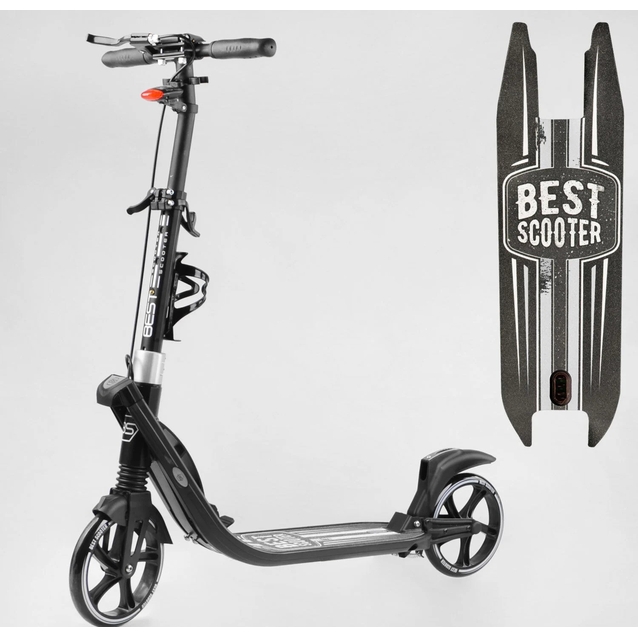 Самокат дитячий 2-х колісний, PU Best Scooter L-36375 чорний, Ø200mm, ФАРА, 2 амортизатори, затискач керма, ручне гальмо фото westvelo.com