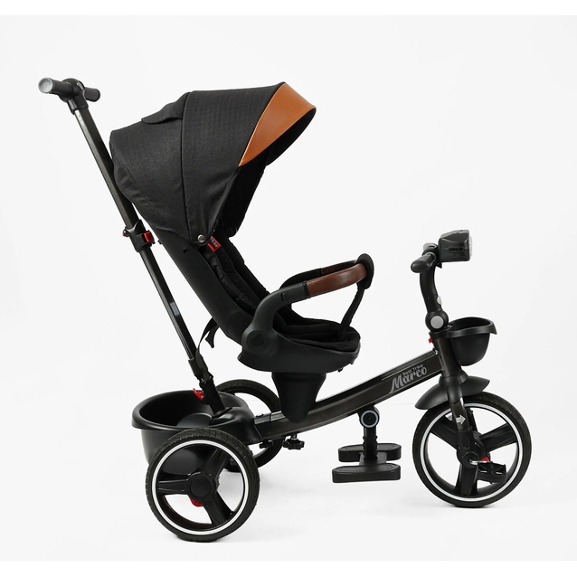 Дитячий велосипед 3-кол з батьківською ручкою, з даш, PU BestTrike «MARCO» 9155/312-51 чорно-коричневий, поворотне сидіння, складне кермо, кошик, телескопічна ручка, фара музична фото westvelo.com