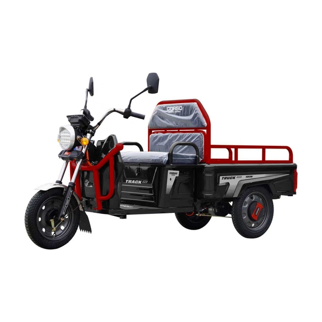 Трицикл вантажний Corso «TRUCK ONE» TR-120047, двигун 800W, акумулятор 60V/32Ah графеновий, чорно-червоний 5 МІСЦЯ + 1 ящик. акум, колеса 12" фото westvelo.com