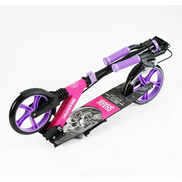 Самокат дитячий 2-х колісний, PU Best Scooter «SHARK» SH-30610 чорно-рожево-фіолетовий, Ø200mm, з ручним гальмом, затискач керма, 1 амортизатор