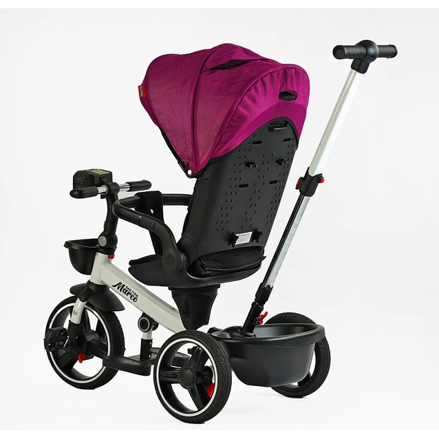 Дитячий велосипед 3-кол з батьківською ручкою, з даш, PU BestTrike «MARCO» 9155/365-18 рожево-білий, поворотне сидіння, складне кермо, кошик, телескопічна ручка, фара музична фото westvelo.com