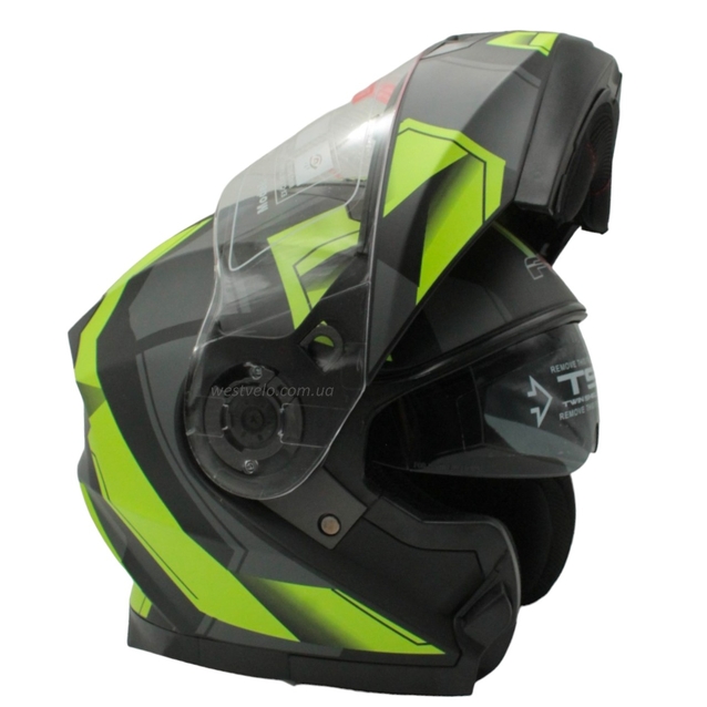 Мото шолом, трансформер (S 55-56) F2 162 Neon yellow, чорний, матовий з відкидними окулярами фото westvelo.com