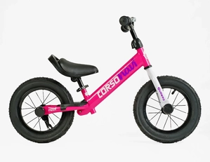 Велобіг 12 Corso надувні колеса, сталева рама «NAVI» RD-1770 рожевий, підніжка, підставка для ніг, дзвіночок