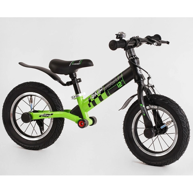 Велобіг 12 Corso надувні колеса, сталева рама «SKIP JACK» 95112 ручне гальмо, з амортизатором, чорно-салатовий фото westvelo.com