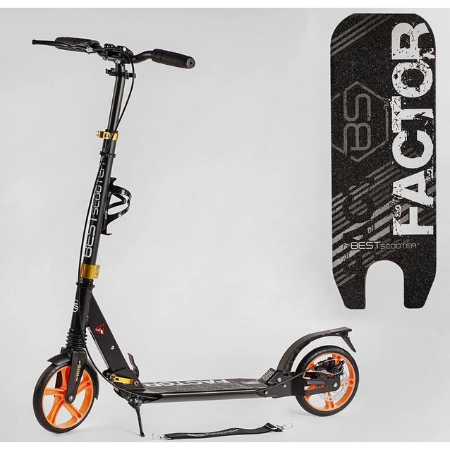 Самокат дитячий 2-х колісний, PU Best Scooter «FACTOR» BS-98033 чорно-помаранчевий,, Ø200mm, AL, 2 амортизатора, фляготримач фото westvelo.com