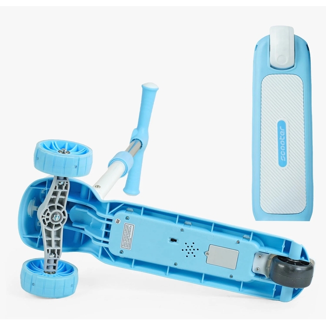 Самокат дитячий 3-х колісний, Skyper CL-9255 блакитно-білий, зі світлом, українське озвучування та підсвічування платформи, кермо складне фото westvelo.com