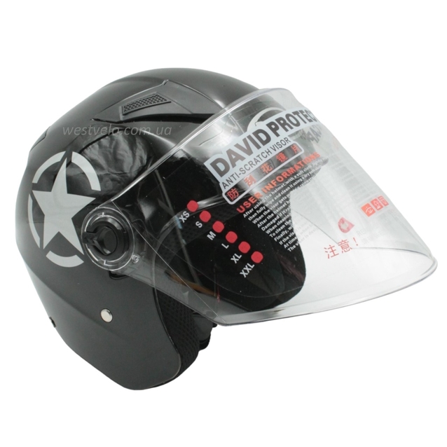 Мото шолом, відкритий (M) "DAVID" D017, Willys Star, чорний глянцевий фото westvelo.com