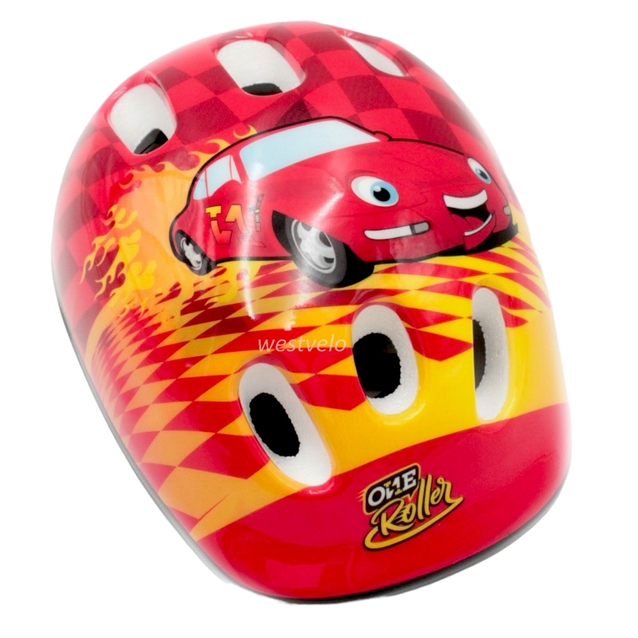Вело шолом дитячий 654 з машинкою червоно-жовтий фото westvelo.com