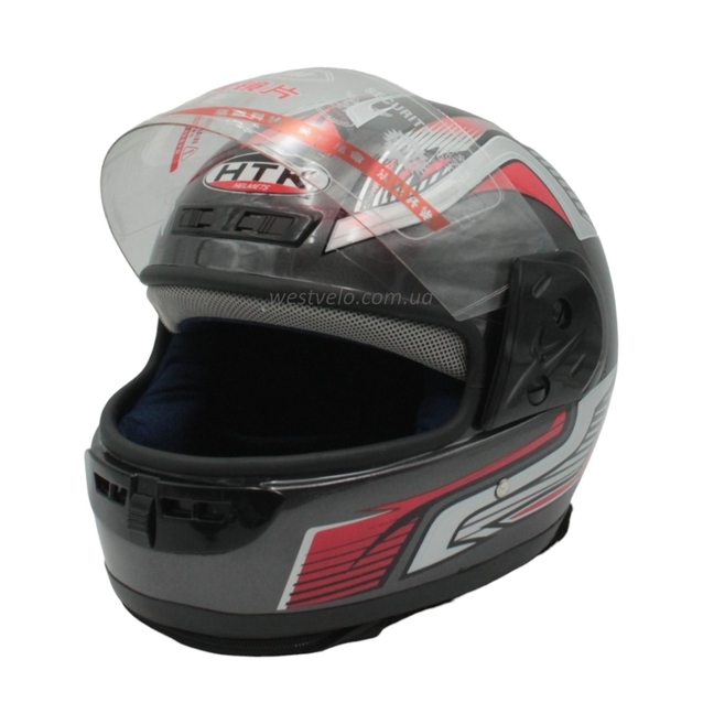 Мото шолом, закритий HTK-221,інтеграл, сірий глянець з червоно-сірим малюнком, з коміром фото westvelo.com
