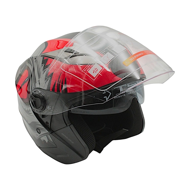 Мото шолом, відкритий (S) (55-56см) BLD-708 "Raptor" чорно-червоний глянець з відкидними окулярами фото westvelo.com