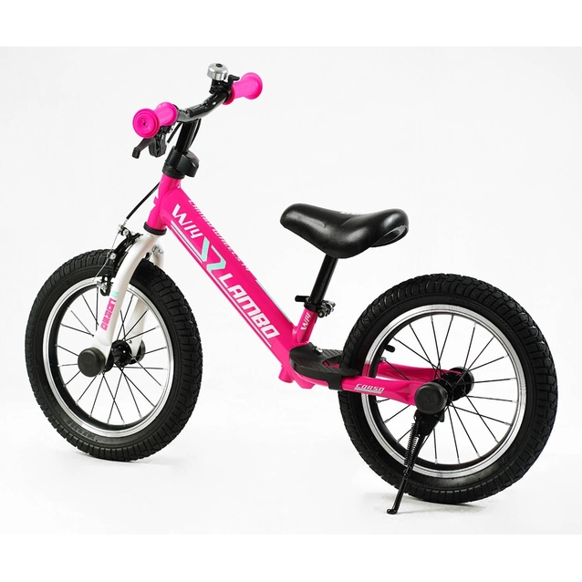 Велобіг 14 Corso надувні колеса, сталева рама «LAMBO» LB-14962 рожевий, ручне гальмо, алюмінієві обода, підставка для ніг, підніжка, дзвоник фото westvelo.com