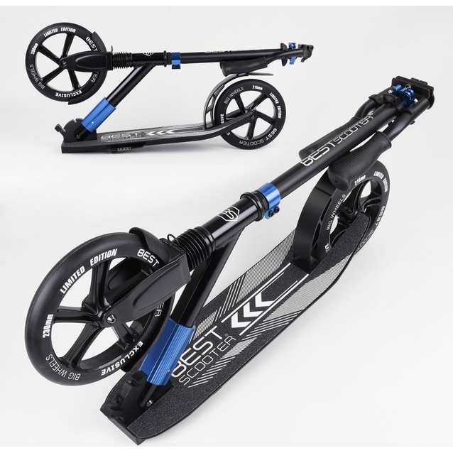 Самокат дитячий 2-х колісний, PU Best Scooter 75186 чорно-синій, колеса Ø230-215mm, AL, 1 амортизатор передній фото westvelo.com