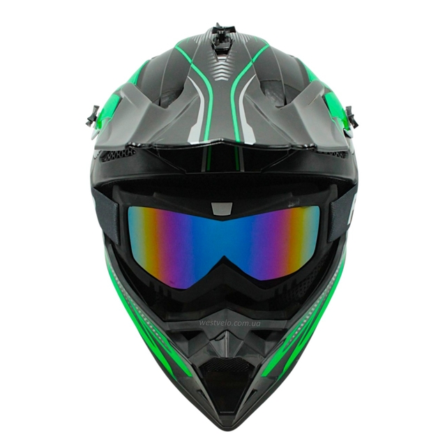 Шолом, закритий крос/ендуро (L) DOT/АТV EDX 025 чорно-зелений глянець з дашком + окуляри фото westvelo.com