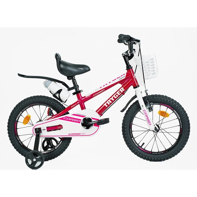 Дитячий велосипед 16 AL Corso «TAYGER» TG-10258 алюмінієва рама червоно-білий, ручне гальмо, дод. колеса, дзвоник, бутилочка фото westvelo.com