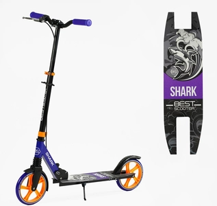 Самокат дитячий 2-х колісний, PU Best Scooter «SHARK» SH-10042 синьо-помаранчевий, Ø200mm, з ручним гальмом, затискач керма, 1 амортизатор