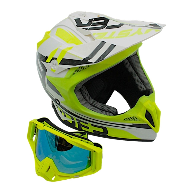 Шолом, закритий крос/ендуро (XL 61-62) АТV Forsage Rider 030 біло-жовтий глянець з дашком + окуляри фото westvelo.com