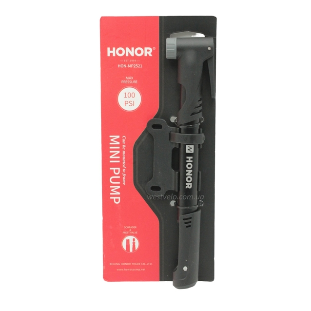 Насос вело HONOR MP-2521 алюміній, чорний + кріплення (AV/FV) фото westvelo.com