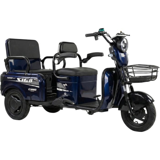 Трицикл Corso «SIG-8 Pro» SP-621176, двигун 1200W, акумулятор 72V 28Ah графеновий, синій + 1 ящик. акум, колеса 10" фото westvelo.com