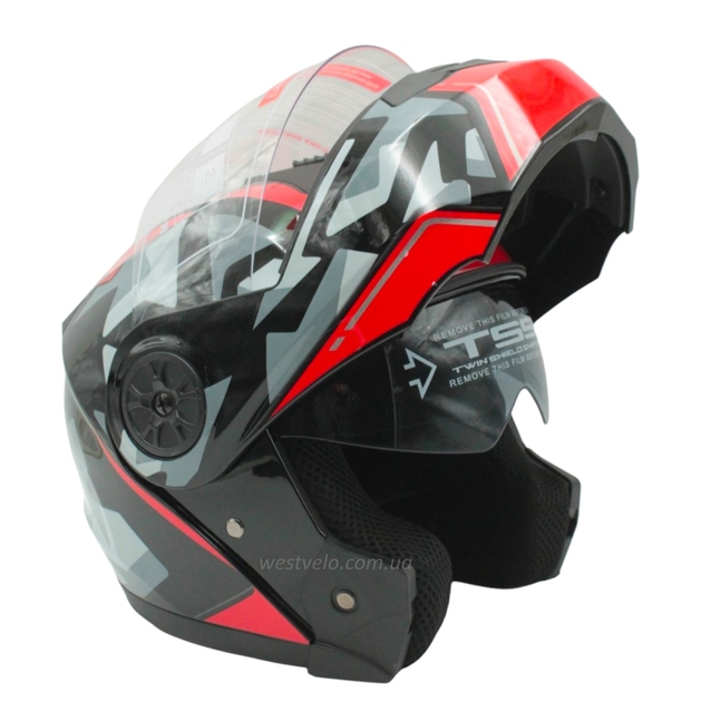 Мото шолом, трансформер (S 55-56) BLD-159 чорно-червоний глянець з відкидними окулярами фото westvelo.com