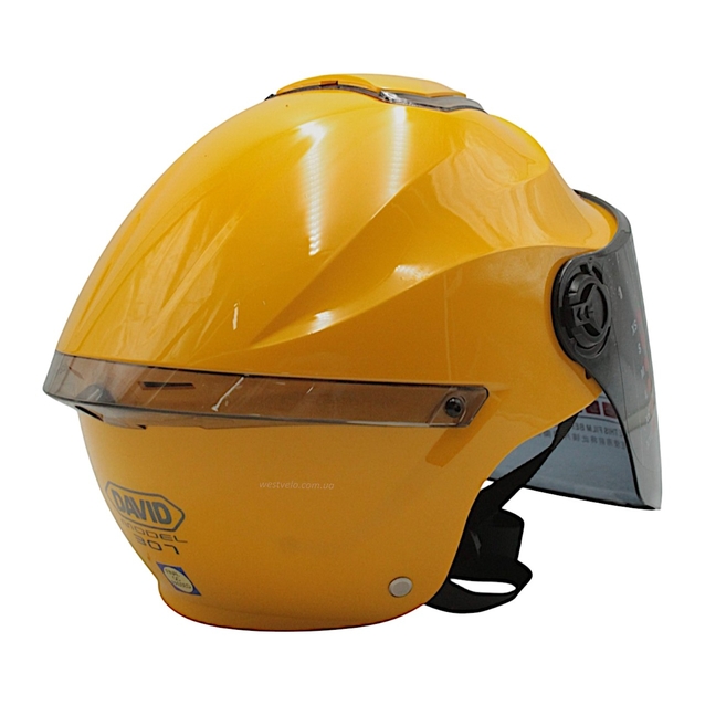 Мото шолом, відкритий "DAVID" S307, жовтий глянцевий тоноване скло, регулятор розміру з білим катафотом (ABS) фото westvelo.com