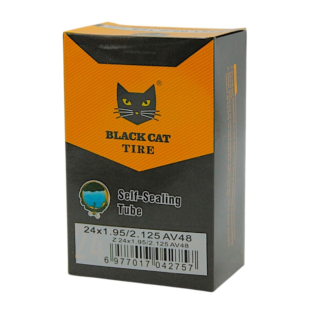 Камера 24 довгий ніпель AV 48mm BLACK CAT (1.95-2.125) самоклеюча (з антипрокольним гелем) фото westvelo.com