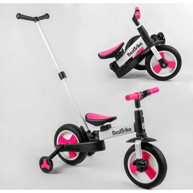 Велобіг-трансформер, 2-кол з батьківською ручкою, PU 10 BestTrike алюміній 55475 біло-рожевий, складний, батьківська ручка, знімні педалі фото westvelo.com