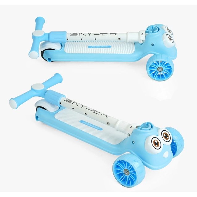 Самокат дитячий 3-х колісний, Skyper CL-9255 блакитно-білий, зі світлом, українське озвучування та підсвічування платформи, кермо складне фото westvelo.com
