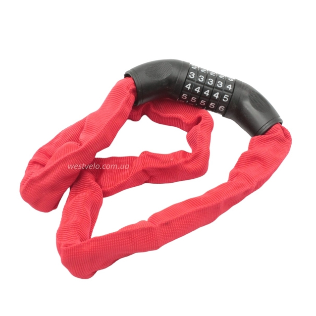 Замок на код змінний 5 цифр, ланц в чохлі 1000мм. MASJIE 162, червоний фото westvelo.com