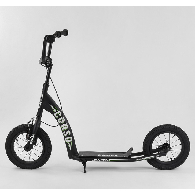 Самокат дитячий 2-х колісний, надувні колеса 12 Corso CR-T 0070 чорно-салатовий, ручне переднє гальмо фото westvelo.com