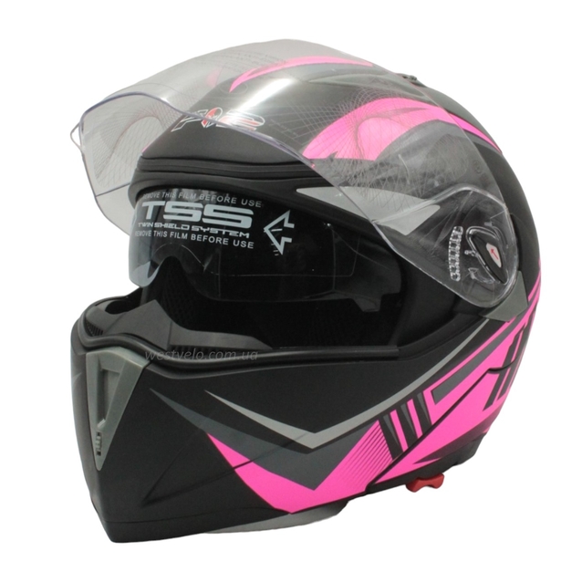 Мото шолом, трансформер (S 55-56) F2 158  Fuchsia (рожевий), чорний, матовий з відкидними окулярами фото westvelo.com