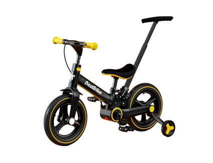 Велобіг-трансформер, 2-кол з батьківською ручкою, PU 12 BestTrike BT-72033, чорно-жовтий, складний, з’ємні педалі, ручне гальмо, допоміжні бокові колеса