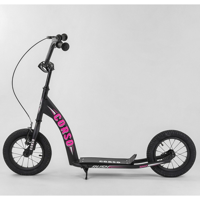 Самокат дитячий 2-х колісний, надувні колеса 12 Corso CR-T 9490 чорно-рожевий, ручне переднє гальмо фото westvelo.com