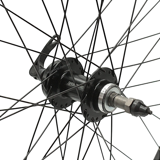 Колесо 26 зад, обід 2-ний чорний, втулка AL SHUNFENG, диск 6 болтів, ексцентрик, чорна спиця (SF-А210R) фото westvelo.com
