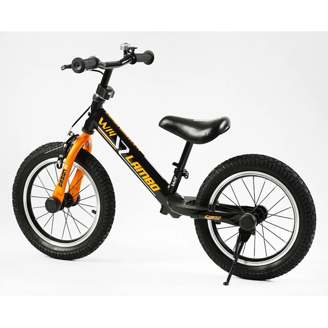 Велобіг 14 Corso надувні колеса, сталева рама «LAMBO» LB-14084 чорно-помаранчевий, ручне гальмо, алюмінієві обода, підставка для ніг, підніжка, дзвоник фото westvelo.com