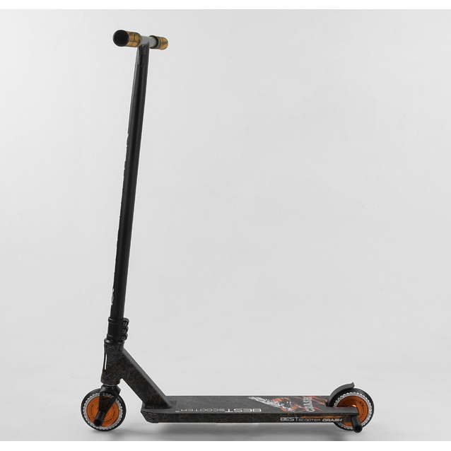 Самокат трюковий Best Scooter «CRASH» 65640 чорно-помаранчевий, HIC-система, пеги, AL диск та дека, колеса PU Ø110mm, ширина керма - 57 см фото westvelo.com