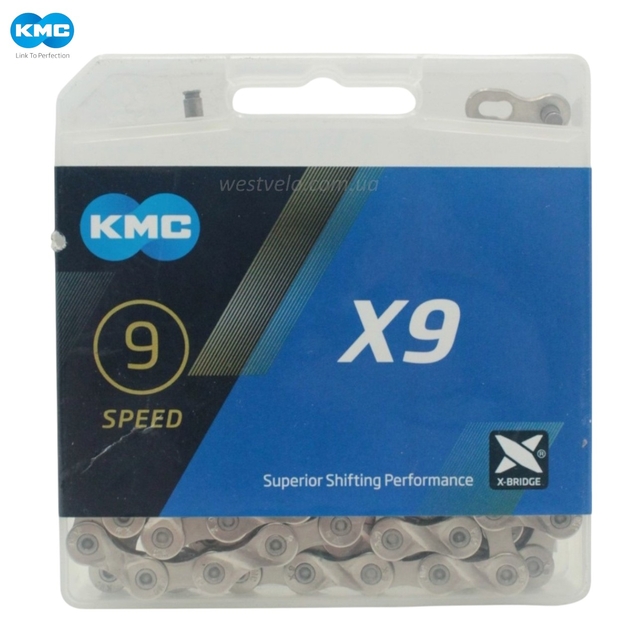 Ланцюг спорт 9 передач KMC X9 нікель, (1/2Х11/128Х116L) пластик + замок фото westvelo.com