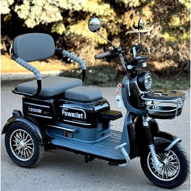 Трицикл Corso «POWER JET» JT-712387, двигун 1200W, акумулятор 72V 23Ah графеновий, чорний + 1 ящик. акум, колеса 10" фото westvelo.com