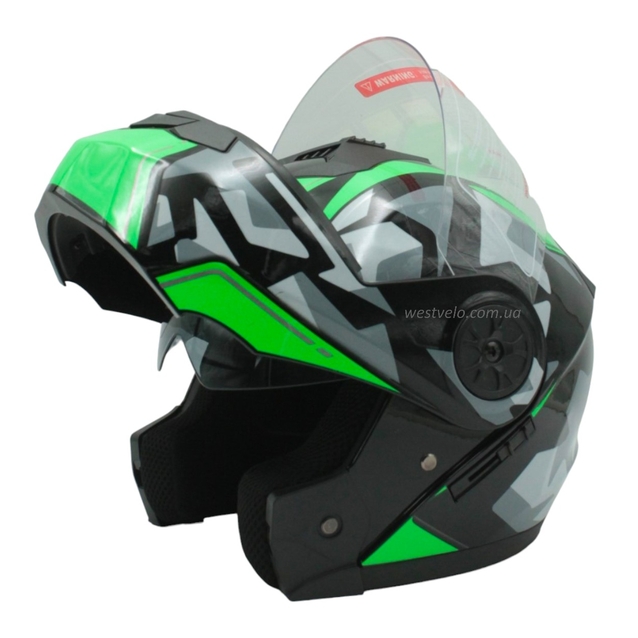 Мото шолом, трансформер (S 55-56) BLD-159 чорно-зелений глянець з відкидними окулярами фото westvelo.com