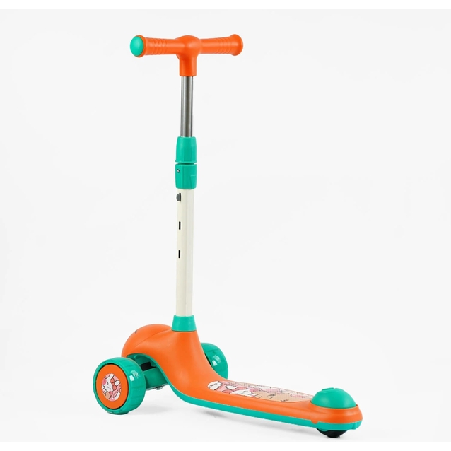 Самокат дитячий 3-х колісний, Skyper LH-12705 помаранчево-зелений, колеса PU Ø112mm зі світлом, музика та підсвічування платформи, кермо з`ємне фото westvelo.com