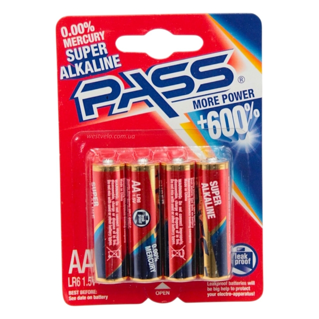 Батарейки пальчикові «PASS» C 56888, Alcaline АА 1,5V (4шт) фото westvelo.com