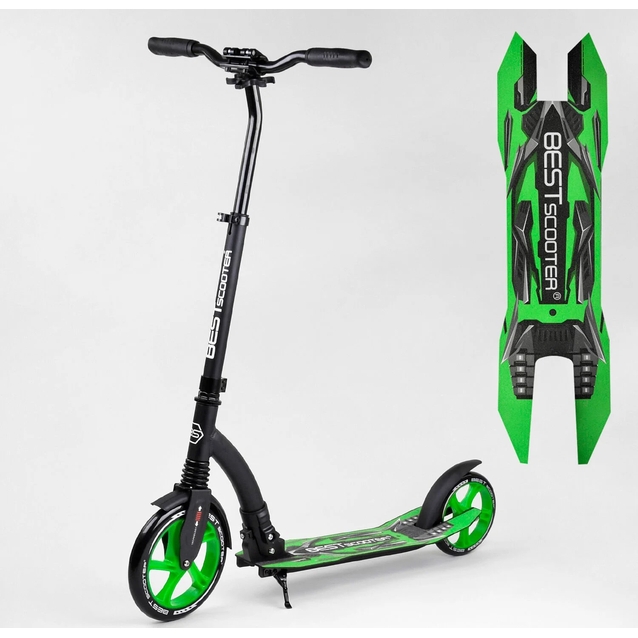 Самокат дитячий 2-х колісний, PU Best Scooter 52266 чорно-салатовий, колеса Ø230-200mm, AL, 1 амортизатор, широкий руль, зажим руля фото westvelo.com