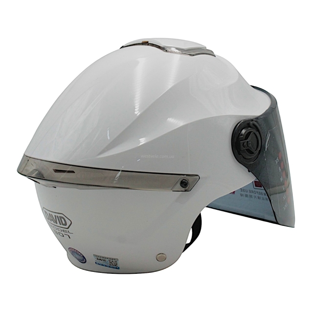 Мото шолом, відкритий "DAVID" S307, білий глянцевий тоноване скло, регулятор розміру з білим катафотом (ABS) фото westvelo.com