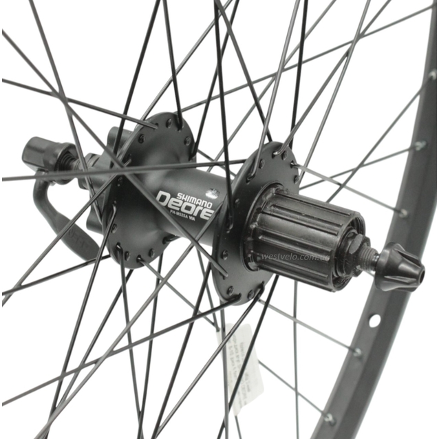 Колесо 26 зад, обід 2-ний чорн.диск,втул. AL SHIMANO DEORE касета (8-10S), диск 6 болт, ексцен.чорна спиця фото westvelo.com