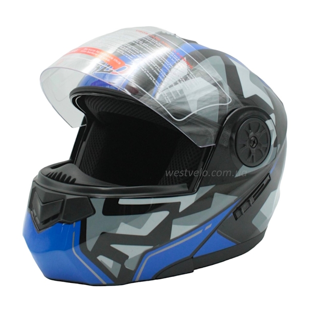 Мото шолом, трансформер (L 59-60) BLD-159 чорно-синій глянець з відкидними окулярами фото westvelo.com