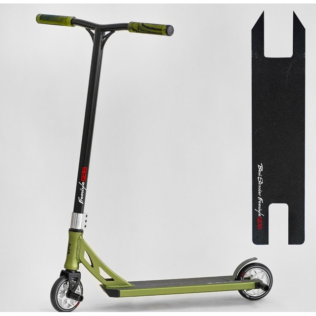Самокат трюковий Best Scooter «FREESTYLE» N-56307 чорно-оливковий, HIC-система, пеги, AL диск та дека, колеса PU Ø120mm, ширина керма - 58 см фото westvelo.com