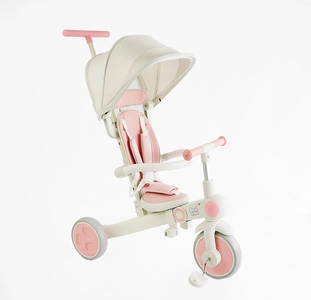 Дитячий велосипед-трансформер 3-х колісний з батьківською ручкою, з дашком, колеса - EVA (піна) Best Trike BS-12-303 біло-рожевий, рама складна нейлонова, переднє колесо 10``, задні колеса 8