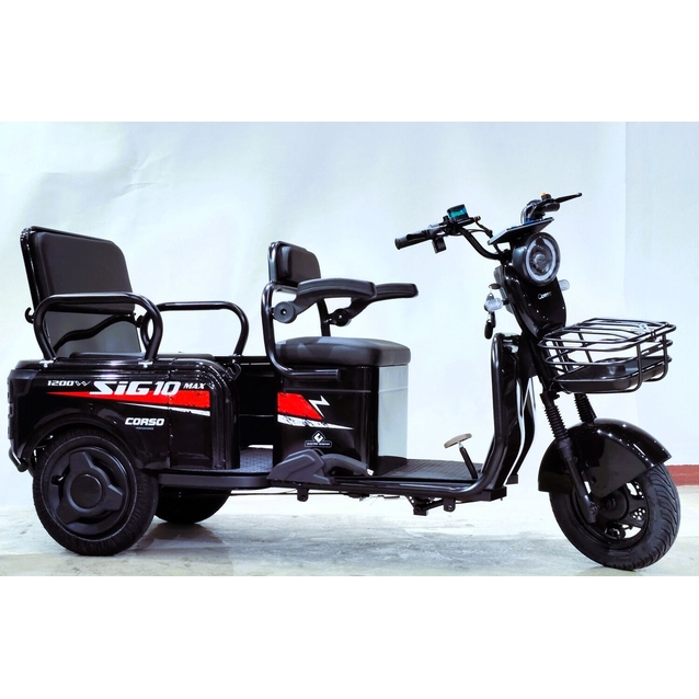 Трицикл Corso «SIG-10 MAX» SM-907410, двигун 1200W, акумулятор 72V/36Ah графеновий, чорний + 1 ящик. акум, колеса 10" фото westvelo.com
