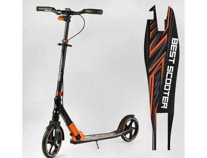 Самокат дитячий 2-х колісний, PU Best Scooter 79740 чорно-помаранчевий, колеса Ø230-200mm, AL, 1 амортизатор передній, ФАРА, затискач керма